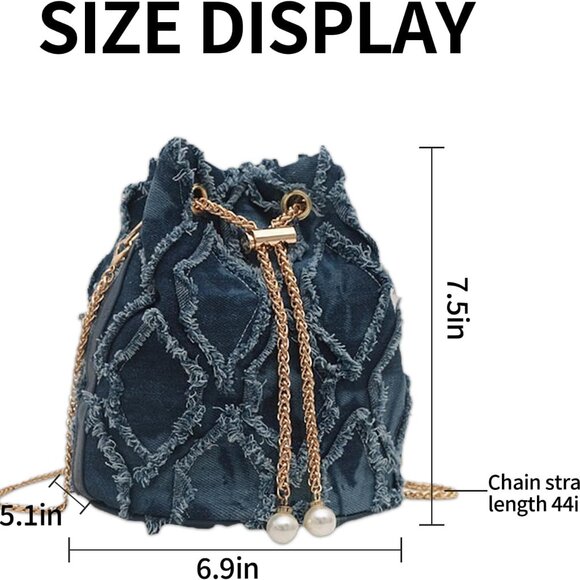Blue Denim Purses for Women, Jean Bucket Bags, Crossbody Hobo Drawstring Handbag - Picture 4 of 7